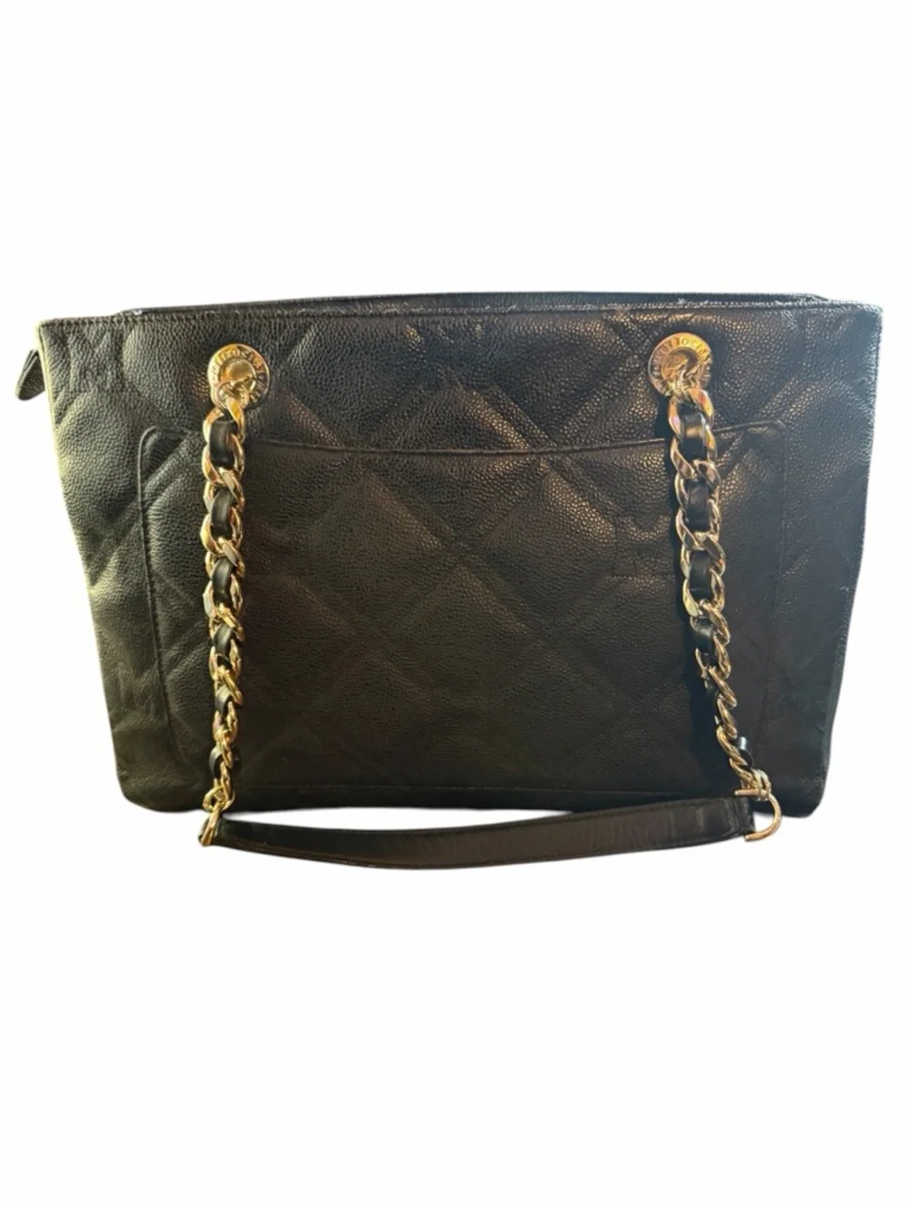 🔥 Metrocity Black Quilted Caviar Leather Tote - Gold Chain Straps 🔥 - Picture 3 of 8